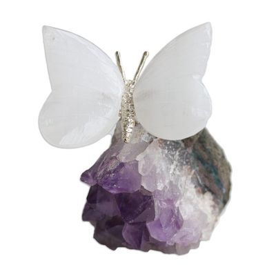 Alternate image for Butterfly With Selenite Wings on Amethyst Stone From Brazil Resting Butterfly