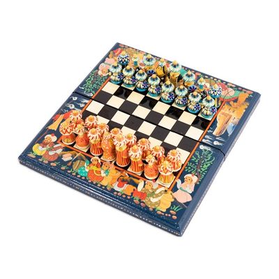Alternate image for Handcrafted Painted Walnut Wood Chess Set in Blue Bukhara Strategies