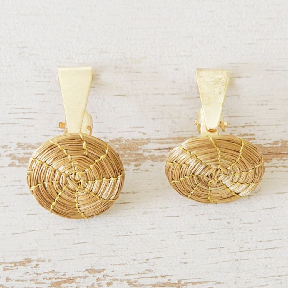 Gold Accent Golden Grass Sun Disk Clip-On Earrings 'Sun Disk'