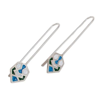 Alternate image for Hand-Painted Mosaic-Style Geometric 925 Silver Drop Earrings Hexagonal Mosaic