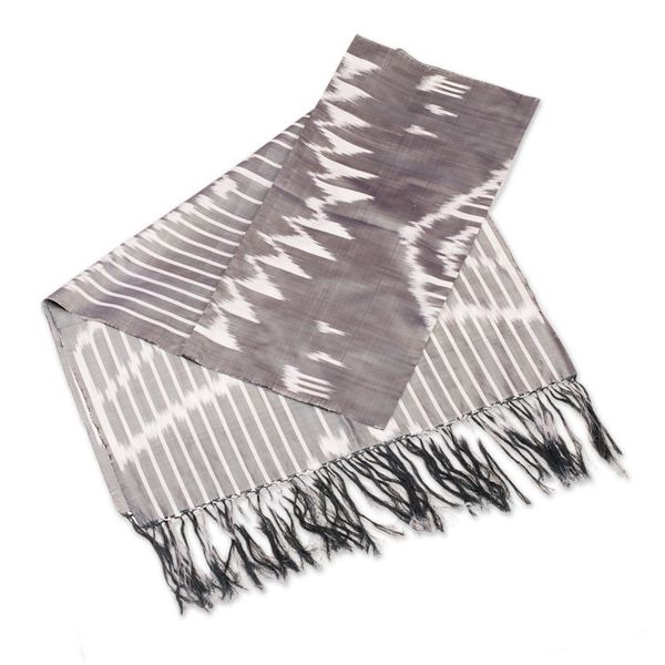 Alternate image for Handwoven Traditional Patterned Grey Silk Shawl Uzbekistan Waterfall in Grey