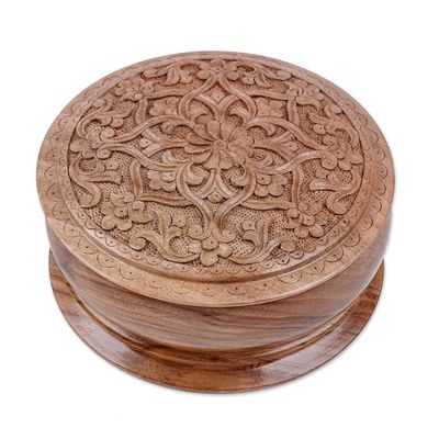 Alternate image for Classic Floral Round Walnut Wood Jewelry Box from Uzbekistan Middle East Bloom