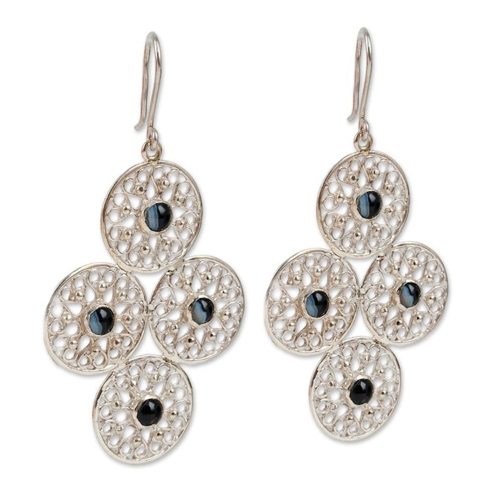 Heart-Themed Black Agate Sterling Silver Dangle Earrings 'Silk Road's Romance'