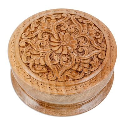 Alternate image for Traditional Handmade Floral Round Walnut Wood Jewelry Box Circle of Splendor