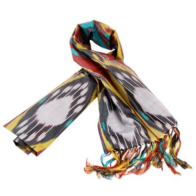 Alternate image for Handwoven Traditional Silk Scarf in Yellow and Red Hues Yellow Samarkand Renaissance