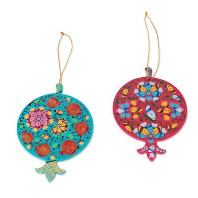 Alternate image for Pair of Lacquered Wood Pomegranate Ornaments from Uzbekistan Splendid Pomegranates