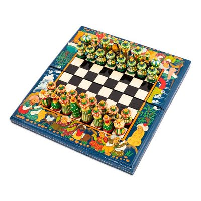 Alternate image for Handcrafted Painted Walnut Wood Chess Set in Teal Teal Bukhara Folklore