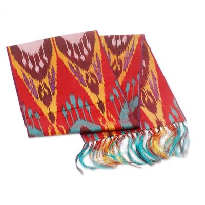 Alternate image for Handwoven Traditional Silk Scarf in Red and Teal Hues Crimson Samarkand Renaissance
