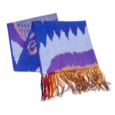Alternate image for Handwoven Ikat Patterned Purple and Blue Silk Scarf Royal Twilight