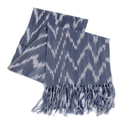 Alternate image for Handwoven Ikat Patterned Blue Cotton Scarf with Fringes Blue Frequencies