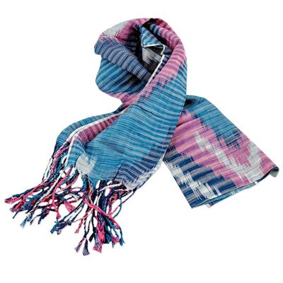 Alternate image for Hand-Woven Fringed Cotton Ikat Scarf in Blue Pink and White Uzbek Fashion