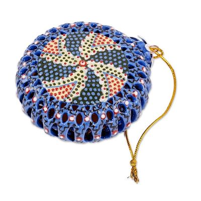 Alternate image for Painted Swirl-Patterned Blue and Yellow Ceramic Ornament Hypnotic Folklore