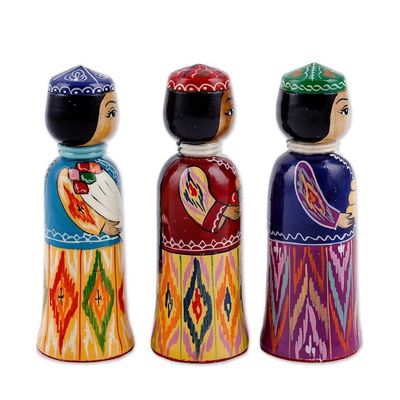 Alternate image for Set of 3 Handcrafted Traditional Multicolor Wood Figurines Tajikistan Dames