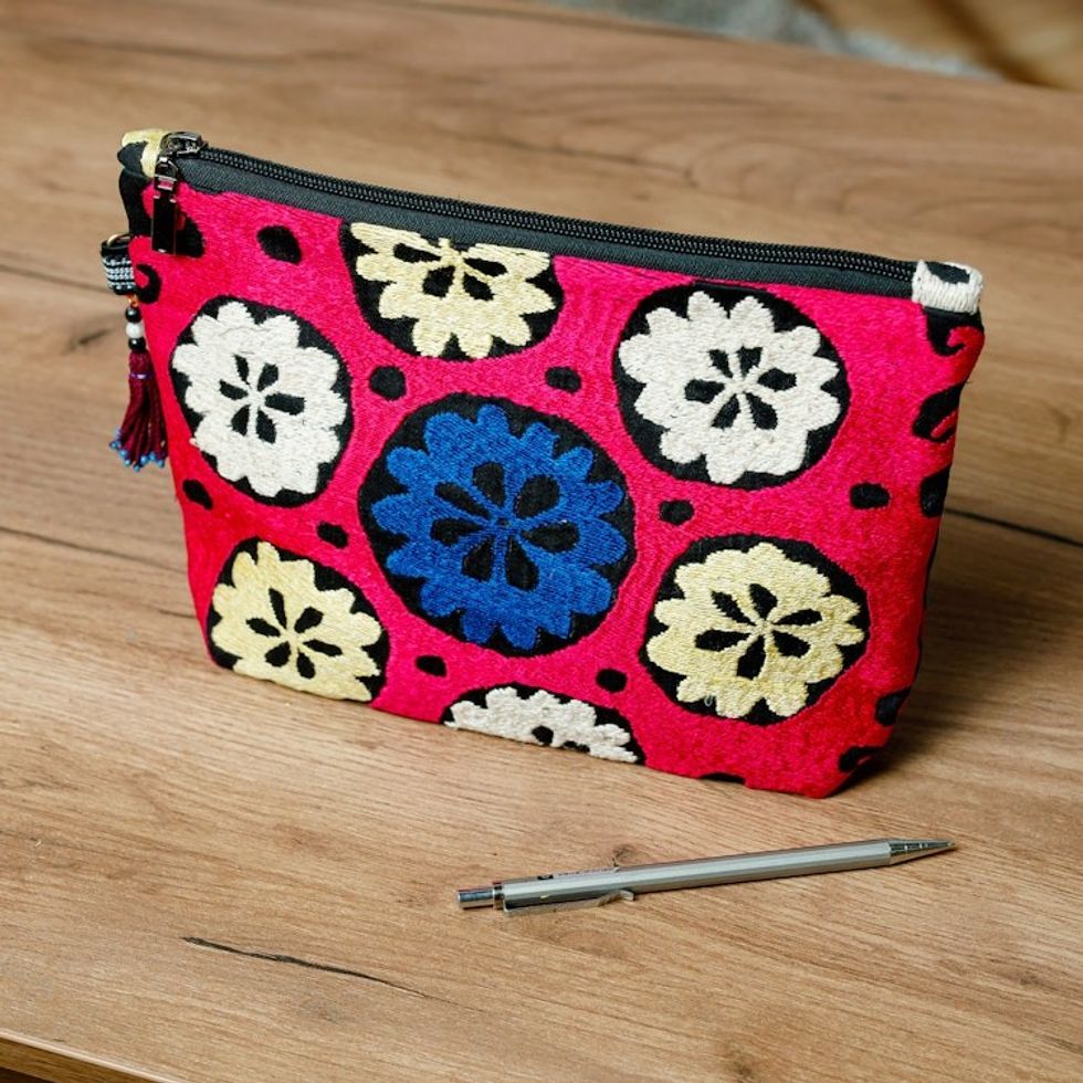 Hand-Embroidered Cotton Toiletry Case with Floral Theme 'Floral Delight'