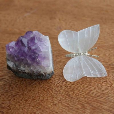 Alternate image for Butterfly With Selenite Wings on Amethyst Stone From Brazil Resting Butterfly