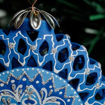 Alternate image for Blue Glazed Ceramic Floral Ornament Made  Painted by Hand Blue Folklore