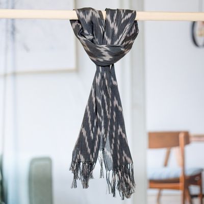 Alternate image for Handwoven Ikat Patterned Blue Cotton Scarf with Fringes Blue Frequencies