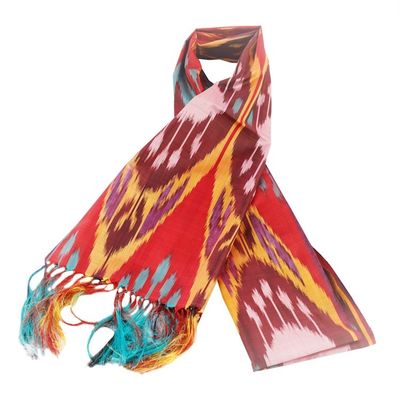 Alternate image for Handwoven Traditional Silk Scarf in Red and Teal Hues Crimson Samarkand Renaissance