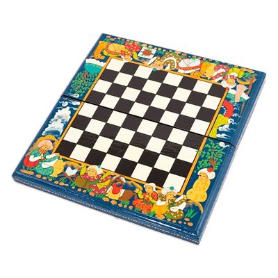 Alternate image for Handcrafted Painted Walnut Wood Chess Set in Teal Teal Bukhara Folklore