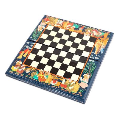 Alternate image for Handcrafted Painted Walnut Wood Chess Set in Blue Bukhara Strategies