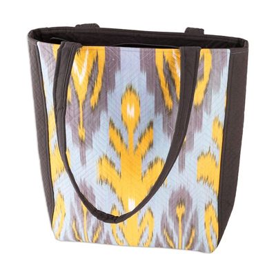 Alternate image for Grey Yellow  Light Blue Traditional Ikat Patterned Tote Bag Joyfulness
