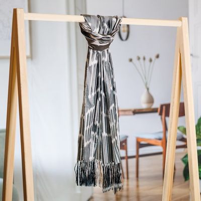 Alternate image for Handwoven Traditional Patterned Grey Silk Shawl Uzbekistan Waterfall in Grey