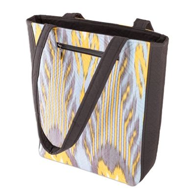 Alternate image for Grey Yellow  Light Blue Traditional Ikat Patterned Tote Bag Joyfulness