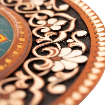 Alternate image for Hand-Carved Floral Walnut Wood Wall Art in Teal Uzbekistan Eden in Teal