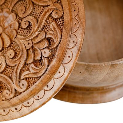 Alternate image for Traditional Handmade Floral Round Walnut Wood Jewelry Box Circle of Splendor