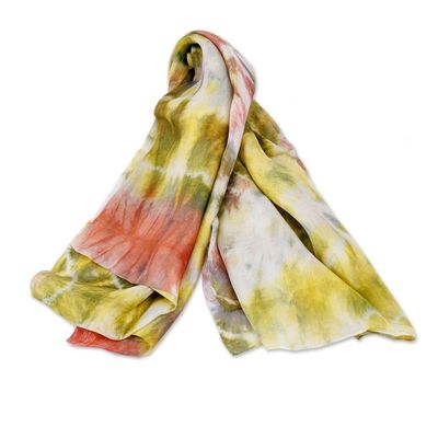 Alternate image for Handwoven Abstract Tie-Dyed Green and Brown Silk Scarf Forest Dimension