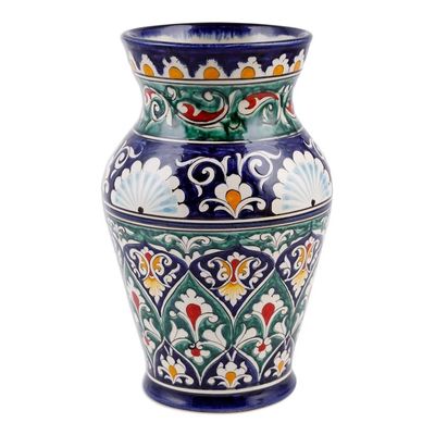 Alternate image for Uzbekistan Blue and Green Glazed Ceramic Bouquet Vase Rishtan Heritage