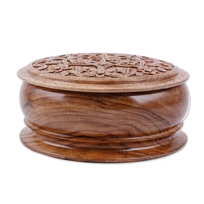 Alternate image for Classic Floral Round Walnut Wood Jewelry Box from Uzbekistan Middle East Bloom