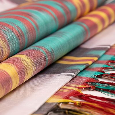 Alternate image for Handwoven Traditional Silk Scarf in a Warm Palette Samarkand Renaissance in Red