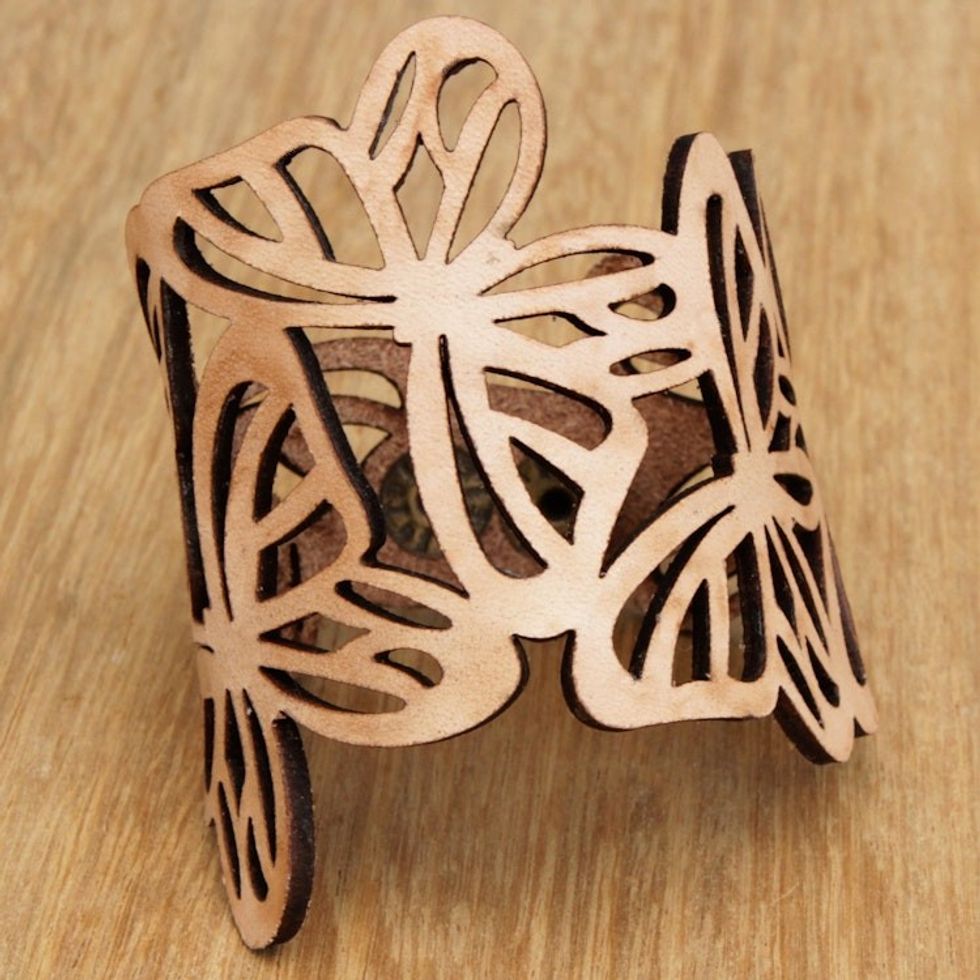 Beige Leather Butterfly Wristband Bracelet Crafted in Brazil 'Beige Brazilian Butterfly'