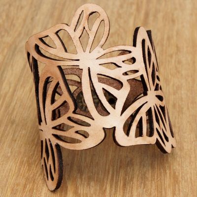Alternate image for Beige Leather Butterfly Wristband Bracelet Crafted in Brazil Beige Brazilian Butterfly