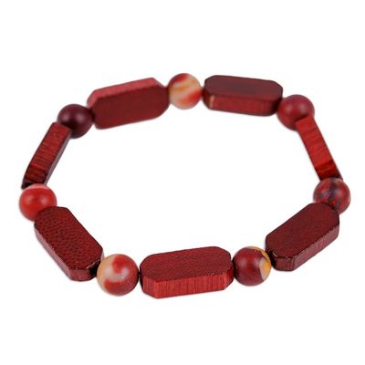 Alternate image for Handmade Jasper and Wood Beaded Stretch Bracelet in Red Fire Liberty