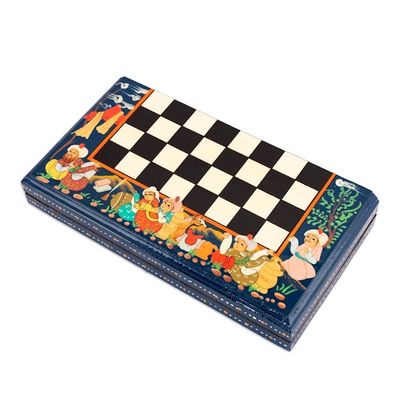 Alternate image for Handcrafted Painted Walnut Wood Chess Set in Blue Bukhara Strategies