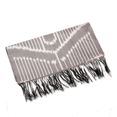 Alternate image for Handwoven Traditional Patterned Grey Silk Shawl Uzbekistan Waterfall in Grey