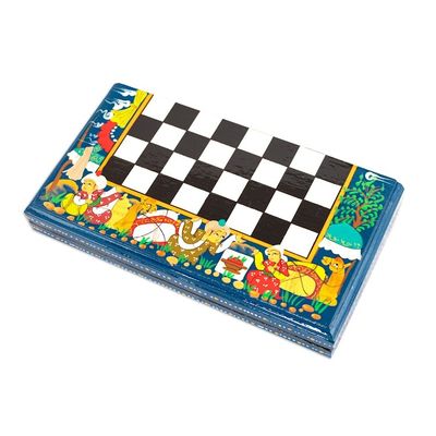 Alternate image for Handcrafted Painted Walnut Wood Chess Set in Teal Teal Bukhara Folklore