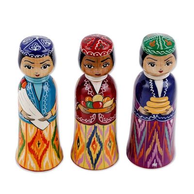Alternate image for Set of 3 Handcrafted Traditional Multicolor Wood Figurines Tajikistan Dames
