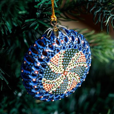 Alternate image for Painted Swirl-Patterned Blue and Yellow Ceramic Ornament Hypnotic Folklore