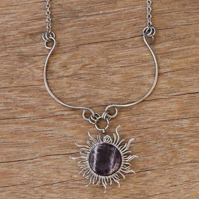 Alternate image for Stainless Steel Sun Pendant Necklace with Amethyst Gemstone Purple Rays
