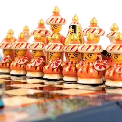 Alternate image for Handcrafted Painted Walnut Wood Chess Set in Blue Bukhara Strategies