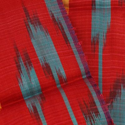 Alternate image for Handwoven Traditional Silk Scarf in Red and Teal Hues Crimson Samarkand Renaissance