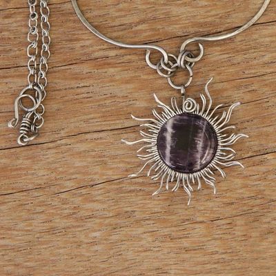 Alternate image for Stainless Steel Sun Pendant Necklace with Amethyst Gemstone Purple Rays