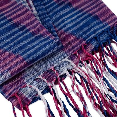 Alternate image for Hand-Woven Fringed Cotton Ikat Scarf in Blue Pink and White Uzbek Fashion