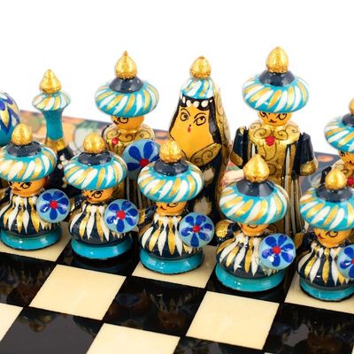 Alternate image for Handcrafted Painted Walnut Wood Chess Set in Blue Bukhara Strategies