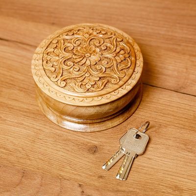 Alternate image for Traditional Handmade Floral Round Walnut Wood Jewelry Box Circle of Splendor