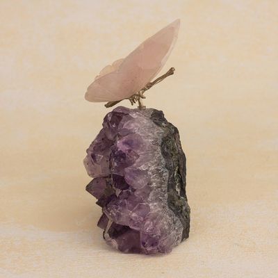 Alternate image for Rose Quartz Butterfly on Amethyst Nugget Figurine Rosy Wings