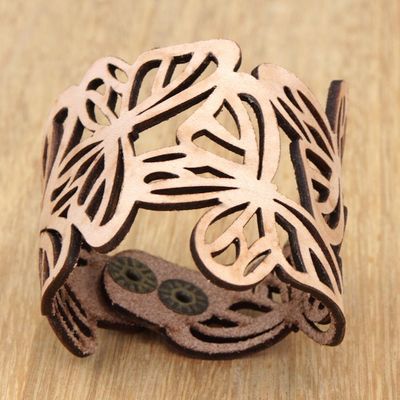 Alternate image for Beige Leather Butterfly Wristband Bracelet Crafted in Brazil Beige Brazilian Butterfly